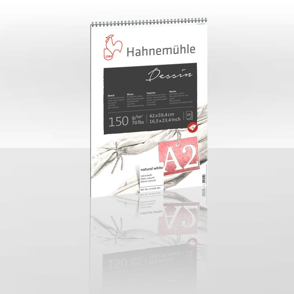 Hahnemühle Skizzenblock Dessin, Format A2, 42 mal 59,4 Zentimeter, 150 Gramm pro Quadratmeter, 25 Blatt, naturweiß, spiralgebunden.