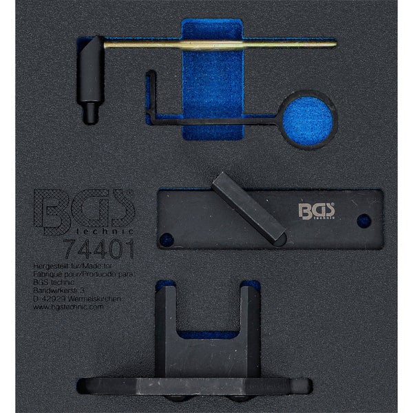 BGS technic Motor-Einstellwerkzeug-Satz 74401 mit Spezialwerkzeugen in einer Schaumstoffeinlage.