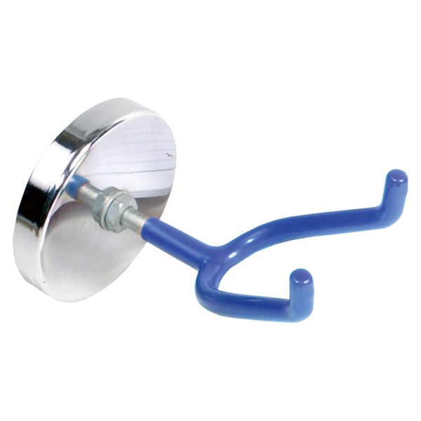 Magnetischer Doppel-Gerätehalter aus Metall mit blauem Haken für Werkzeuge.