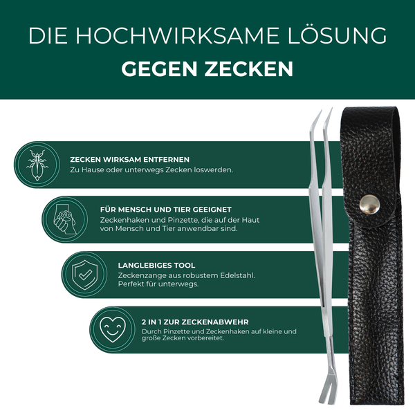 Zeckenzange aus Edelstahl mit schwarzer Ledertasche