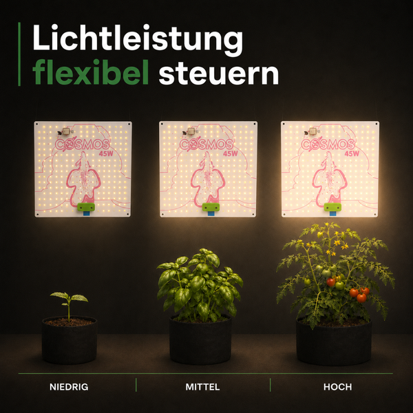 Cosmos 45W LED-Pflanzenlampen mit drei Helligkeitsstufen für verschiedene Wachstumsphasen von Keimling bis Tomatenpflanze.