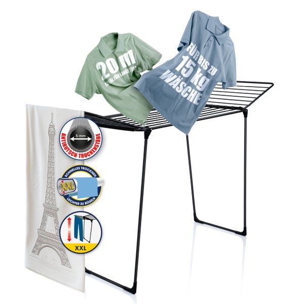 Wäscheständer mit einer Trockenlänge von 20 Metern und einer Belastbarkeit bis zu 15 Kilogramm.