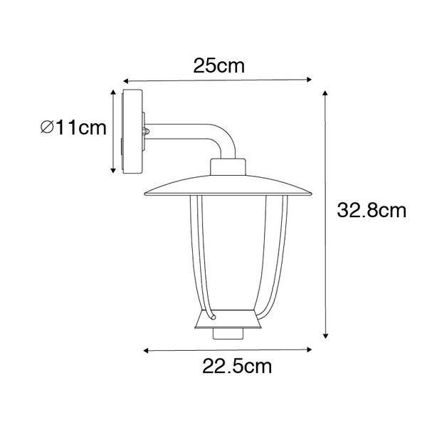 Maßzeichnung einer Außenwandleuchte mit einer Gesamthöhe von 32,8 Zentimeter, einer Breite von 25 Zentimeter und einem Durchmesser von 11 Zentimeter.
