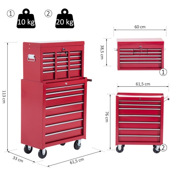HOMCOM, Fahrbarer Werkzeugwagen, Werkstattwagen, 61,5L x 33B x 113H cm, Stahl, Rot