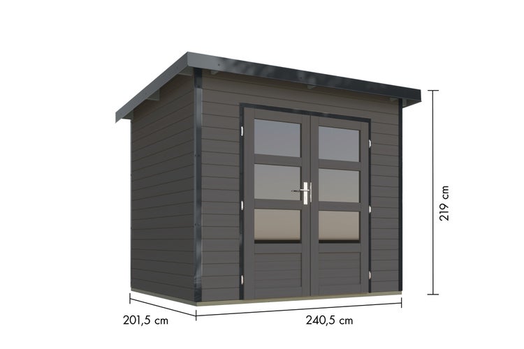 Modernes Holz-Gartenhaus mit Doppeltür und Fenstern, Breite 240,5 Zentimeter, Tiefe 201,5 Zentimeter, Höhe 219 Zentimeter.