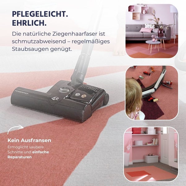 Ziegenhaarteppich in verschiedenen Wohnbereichen: Wohnzimmer mit Sofa, Kinderzimmer mit Spielzeugeisenbahn und Staubsaugen der Fasern.