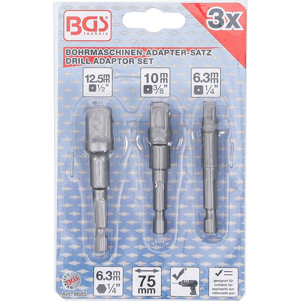BGS Adapter-Satz für Bohrmaschinen Außensechskant Antrieb 6,3 mm (1/4) Abtrieb Außensechskant 6,3 mm (1/4) / 10 mm (3/8) / 12,5 mm (1/2) / 3tlg. - 9685