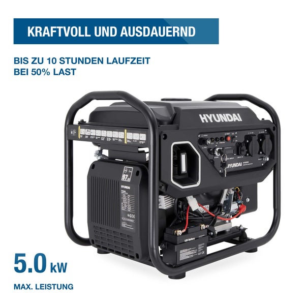 Schwarzer Hyundai Inverter Stromerzeuger mit Hyundai Logo, 5,0 Kilowatt Leistung und bis zu 10 Stunden Laufzeit bei 50 Prozent Last.