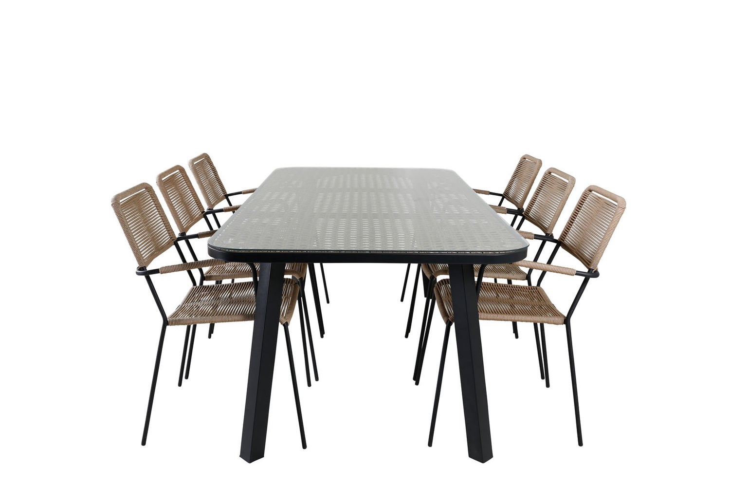 Paola Gartenset Tisch 100x200cm und 6 Stühle ArmlehneL Lindos schwarz, natur.