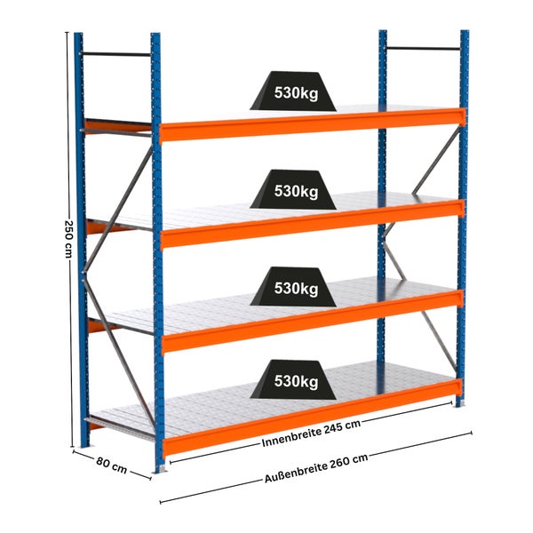 Abbildung eines Schwerlastregals mit vier Ebenen und den Maßen 250 x 260 x 80 cm