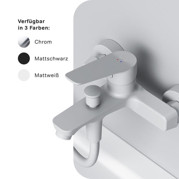 Wannenarmatur in Mattweiß, erhältlich in drei Farben.