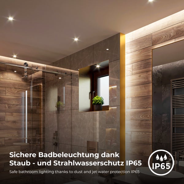 Modernes Badezimmer mit LED-Deckenstrahlern, Fliesen in Holzoptik, Glasdusche und Symbol für IP65 Staub- und Strahlwasserschutz.