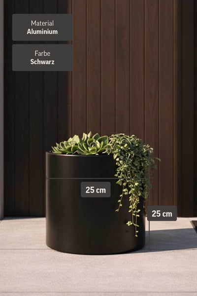 Runder Pflanztopf aus schwarzem Aluminium mit den Maßen 25 Zentimeter Höhe und 25 Zentimeter Durchmesser, bepflanzt mit Sukkulenten.