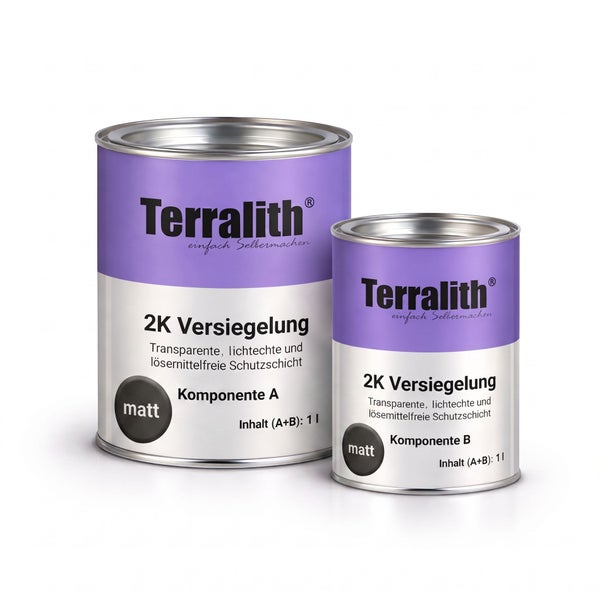 Terralith 2K Versiegelung Komponente A und B, matte, transparente, lösemittelfreie Schutzschicht für verschiedene Oberflächen.