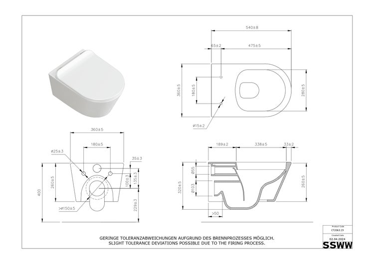SSWW Design Hänge-WC Beta CT2063V.19 – Spülrandlos – mit Softclose & Nanobeschichtung