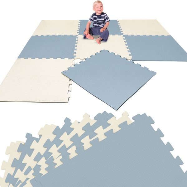 Weiche Puzzlematte aus Schaumstoff als Spielunterlage für Kinder, ineinandergreifende Bodenfliesen.