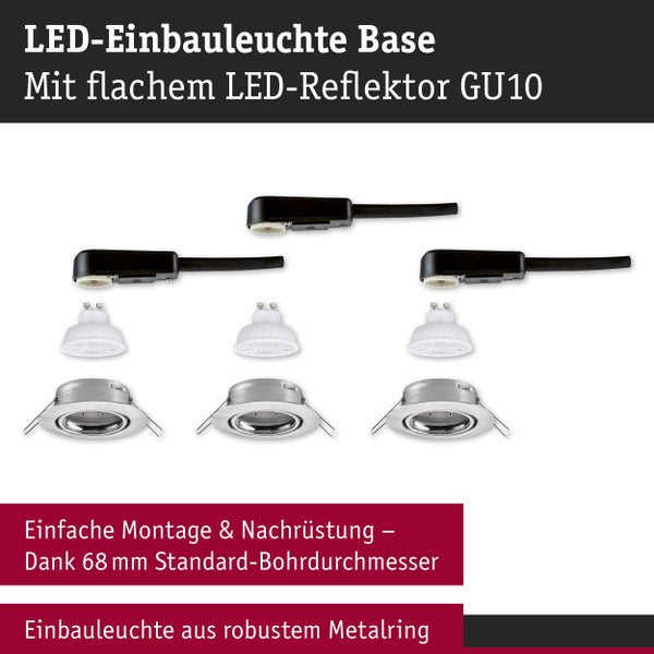 LED-Einbauleuchten-Set Base mit 3 flachen LED-Reflektoren GU10, robusten Metallringen und 68 Millimeter Standard-Bohrdurchmesser.