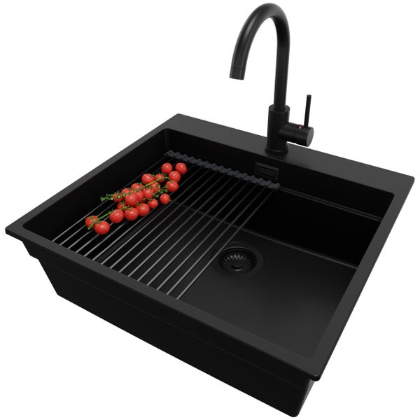 PRIMAGRAN Granitspüle Alles Schwarz 58x53cm, Spülbecken 1 Becken + Küchenarmatur 32x20cm + Ablauf-Set + Aufrollbare Abtropffläche, Küchenspüle ab 60er Unterschrank - Oslo Max