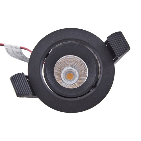 Runder LED-Einbaustrahler in Schwarz mit schwenkbarem Reflektor und Federklemmen zur Montage.