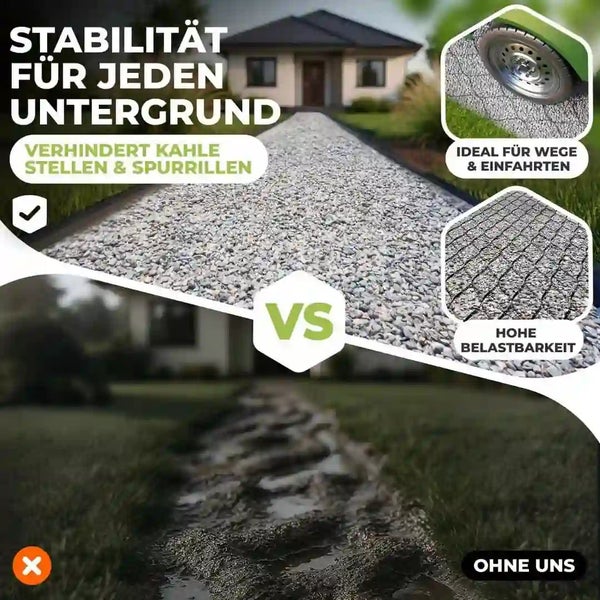 Vergleichsbild von Kiesweg mit Wabenstruktur und ausgefahrenem Matschweg zur Verdeutlichung der Stabilität bei Wegen und Einfahrten.