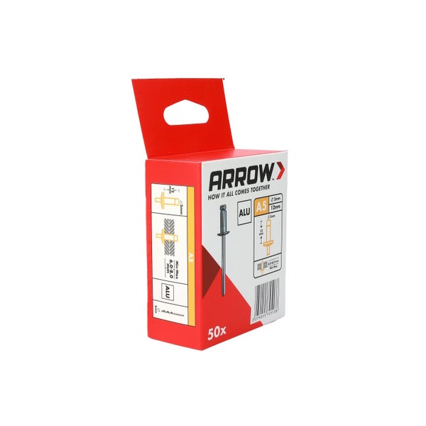 Arrow Blindnieten A5 aus Aluminium, 5 Millimeter Durchmesser, 12 Millimeter Länge, Packung mit 50 Stück.