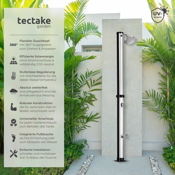 tectake Gartendusche mit flexiblen Duschkopf, Solarenergie, stufenloser Regulierung, Messingarmaturen, robuster Konstruktion, universellem Anschluss, integrierter Fußdusche und einfacher Installation.
