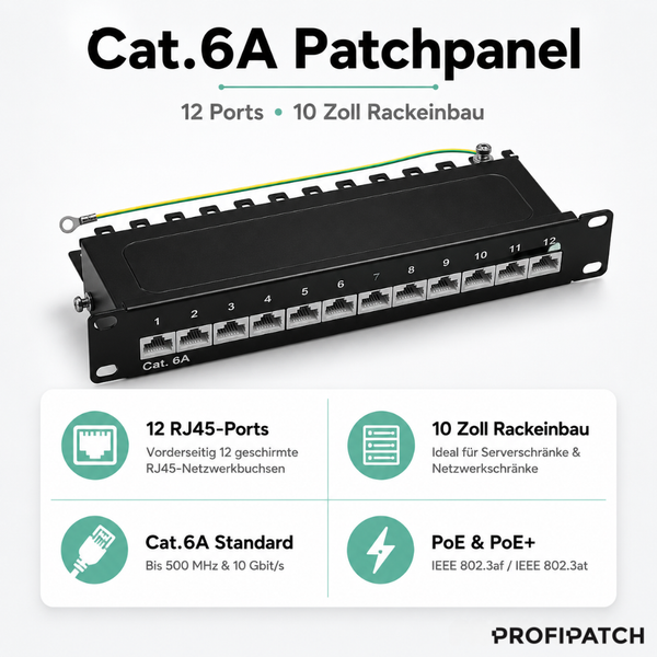 Cat.6A Patchpanel mit 12 RJ45-Ports für 10 Zoll Rackeinbau, geschirmt, inklusive Erdungskabel.