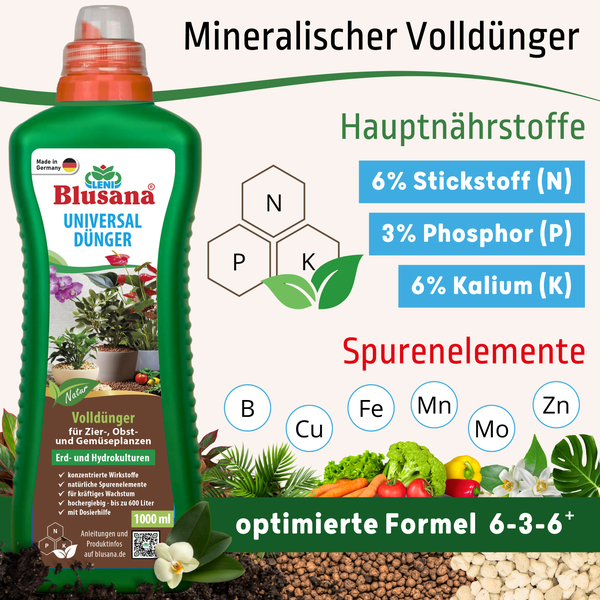 Blusana Premium Universal Flüssigdünger XL 1 Liter  NPK Dünger 6-3-6 für Zierpflanzen Obst- und Gemüse Hydrokultur Hydroponik Erde