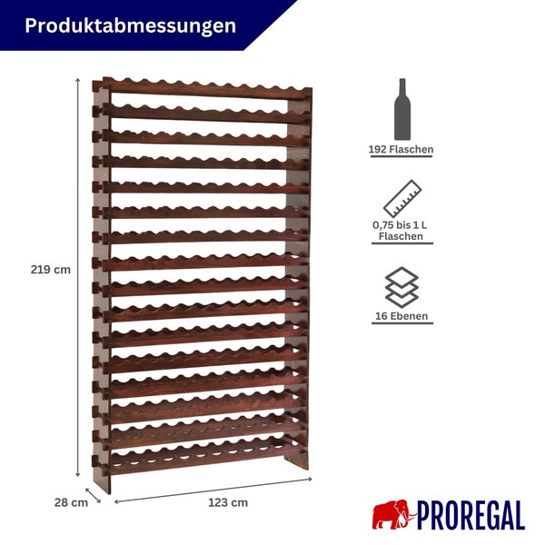 Proregal Weinregal aus Holz mit Maßen 219 x 123 x 28 Zentimeter, Kapazität für 192 Flaschen von 0,75 bis 1 Liter auf 16 Ebenen.