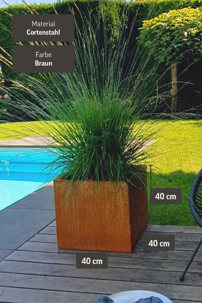 Quadratischer Pflanzkübel aus braunem Cortenstahl, 40 mal 40 mal 40 Zentimeter, bepflanzt mit Ziergras auf einer Holzterrasse am Pool.