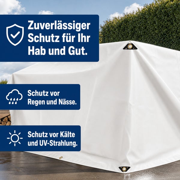 Witterungsbeständige Abdeckplane mit Ösen zum Schutz vor Regen, Nässe, Kälte und UV-Strahlung für den Außenbereich.