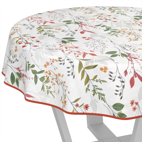 Runde Tischdecke mit floralem Blatt- und Blütenmuster und farbiger Paspelierung.