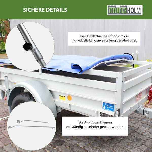 Detailansicht eines Anhängers mit verstellbaren Aluminiumbügeln und zugehöriger Flügelmutter