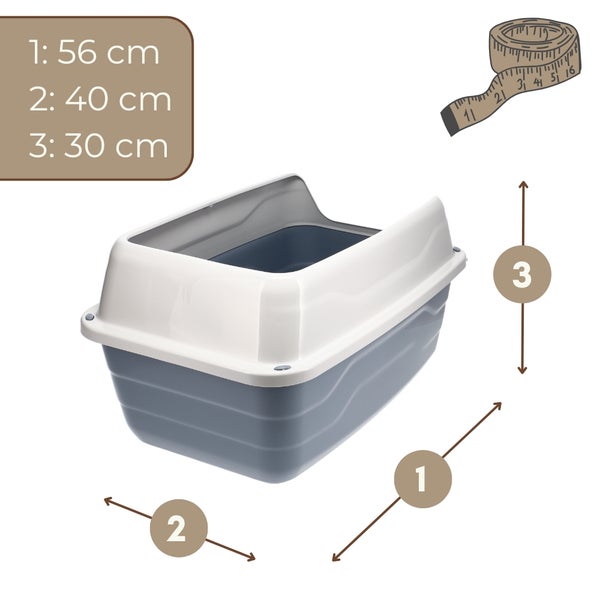 Katzentoilette mit Maßen: Länge 56 Zentimeter, Breite 40 Zentimeter, Höhe 30 Zentimeter.