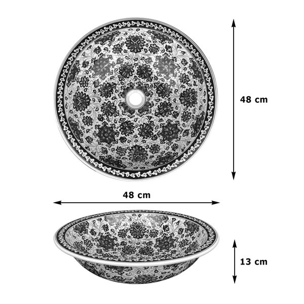Aufsatzwaschbecken, rund, mit Blumenmuster und den Maßen 48 x 48 x 13 cm