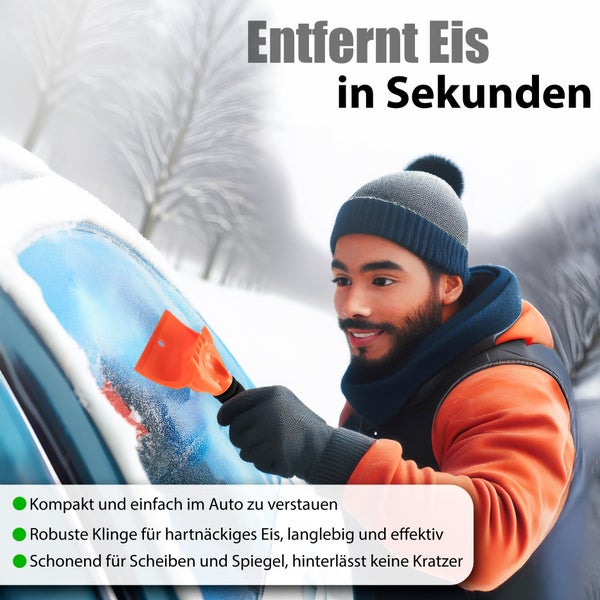 Mann entfernt mit einem Eiskratzer Eis von einer Autoscheibe