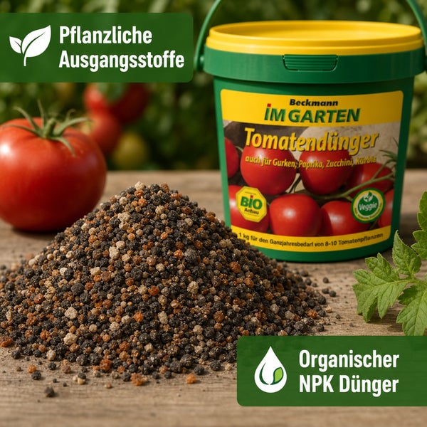 Beckmann im Garten Tomatendünger, ein organischer NPK Dünger aus pflanzlichen Ausgangsstoffen im Eimer mit einem Kilogramm Inhalt.
