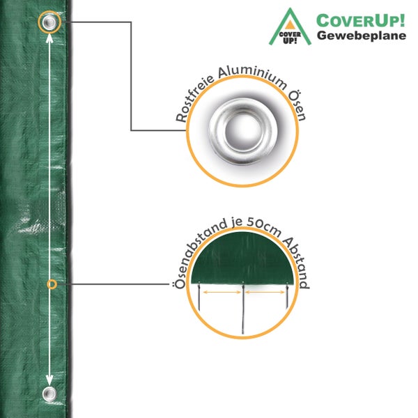 CoverUp! (2x3 m) Gewebeplane - Farbe: Grün, 200g/m² - Beständigkeit durch verstärkte Gummiecken & rostfreie Ösen - Abdeckplane bietet UV-Schutz - Plane inkl. 10 Planenspanner