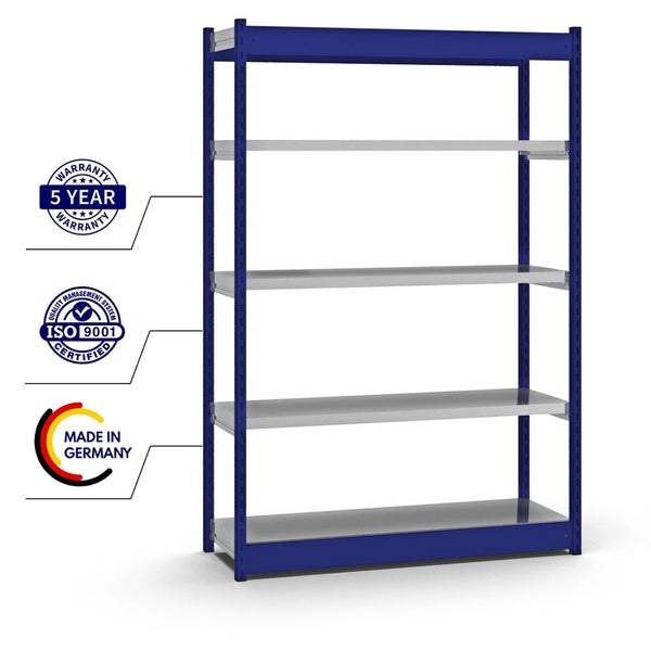 PROREGAL Fachbodenregal Stecksystem Vierkant-Profil Grundregal HxBxT 200 x 132,5 x 40 cm 5 Ebenen Einseitige Bauart Fachlast 200 kg Enzianblau