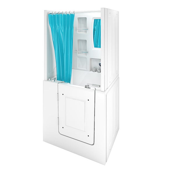 Barrierefreie Sitzbadewanne mit Duschkabine, Tür für niedrigen Einstieg, Haltegriff, Ablagefächern und blauem Duschvorhang.