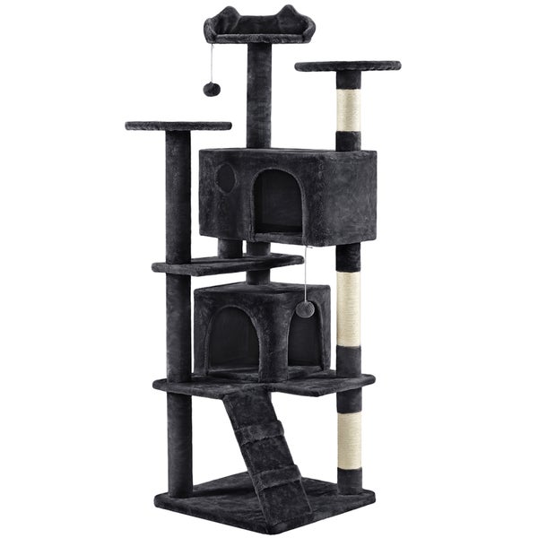 Grauer Kratzbaum mit mehreren Ebenen, Höhlen und Spielzeug für Katzen.