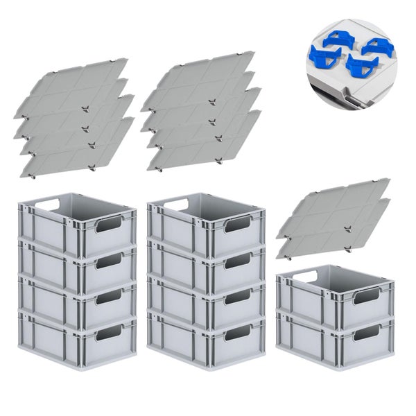 PROREGAL Spar Set 10x Eurobox Nextgen Economy Mit Auflagedeckel & 4x Schiebeschnappverschlüsse Blau Griffe Offen HxBxT 17 x 30 x 40 cm 16 Liter