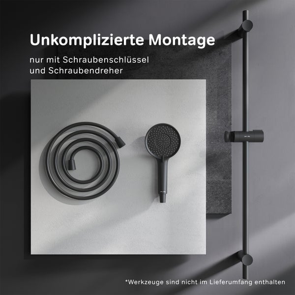 Duschset bestehend aus Handbrause, Brauseschlauch und Duschstange mit Gleiter für die einfache Montage im Badezimmer.