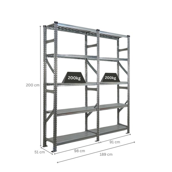 Metallregal mit fünf Ebenen und Maßangaben