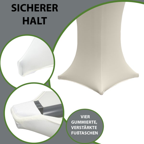 Stehtischhusse mit vier verstärkten Gummifußtaschen für sicheren Halt an den Tischbeinen
