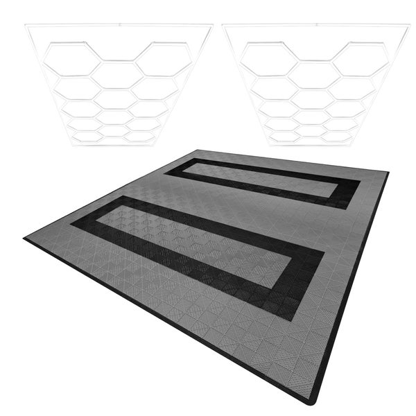 Belüftete Garagenbodenfliesen und sechseckige LED-Leuchten x 165 Grau 60 Schwarz mit Kanten