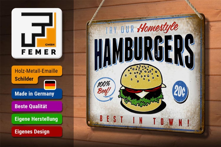 Blechschild Spruch 30x20cm Hamburger best in town 100% Beef