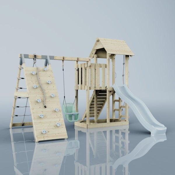 Spielplatz mit Rutsche, Schaukel und Kletterwand für Kinder