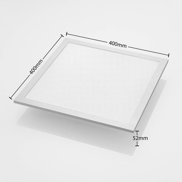 Quadratisches LED Panel mit Maßen 400 Millimeter mal 400 Millimeter und einer Höhe von 52 Millimeter.