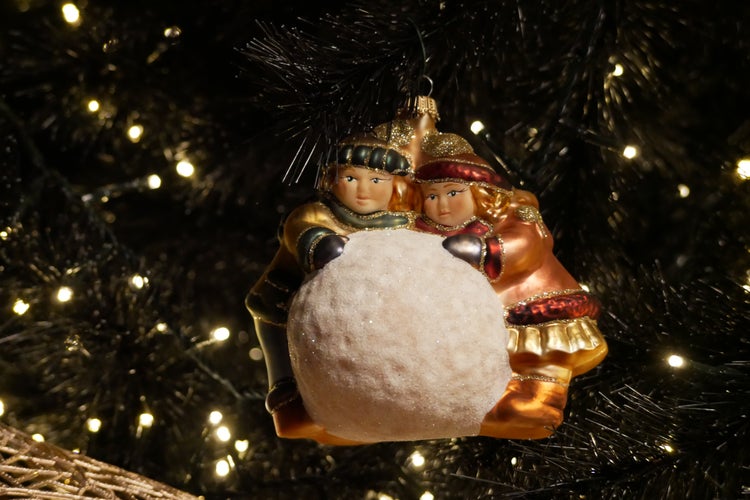Multicolor 11cm Emma & Emilio mit großem Schneeball, Glasornament, mundgeblasen und handdekoriert, 1 Stck., Weihnachtsbaumkugeln, Christbaumschmuck, Weihnachtsbaumanhänger